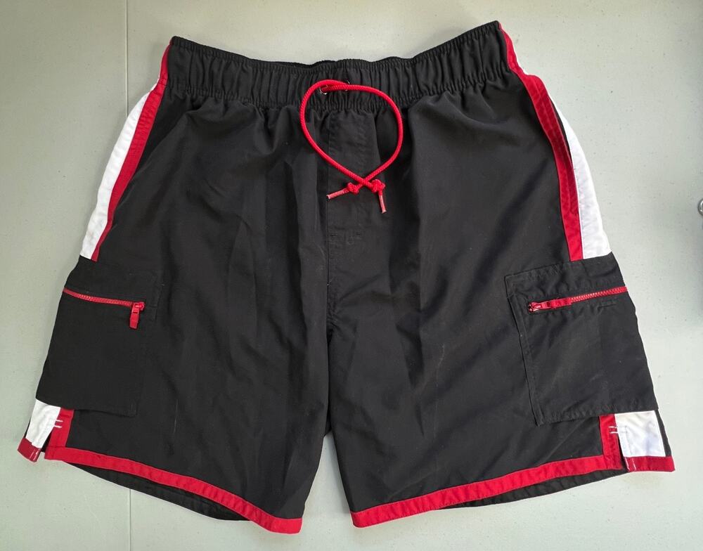 Men’s First Wave Swim Trunks Black Red Cargo Pockets Mesh Lined Drawstring Sz L